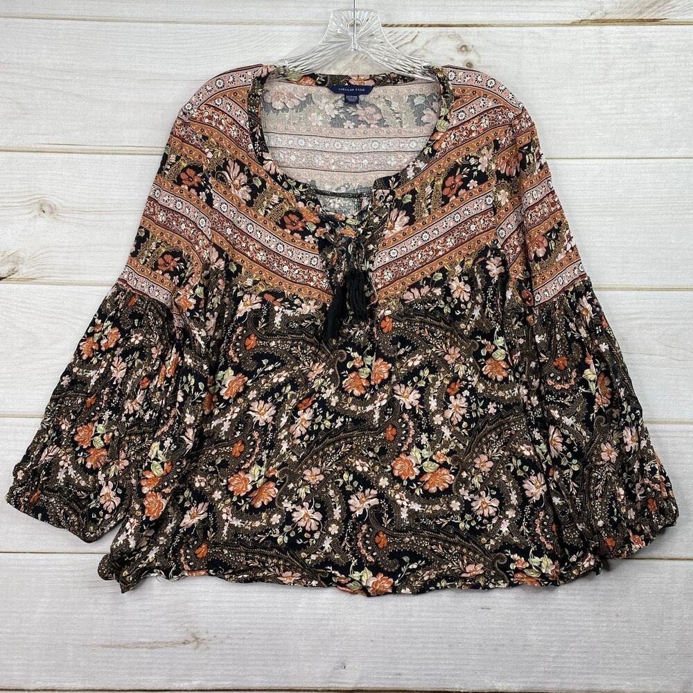 American Eagle Top XL Tassels Floral Lace-up Blouse Boho Flowy Wide Sleeve
